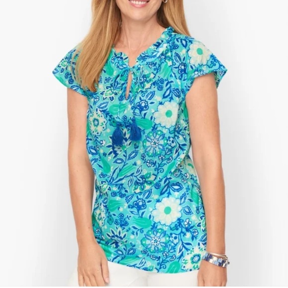 Talbots Floral Lightweight‎ Teal Blouse. Size M - Picture 1 of 12